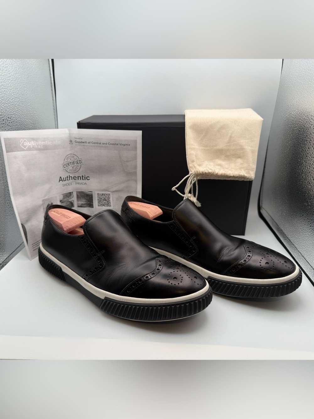 Prada Linea Rossa Black Leather Brogue Slip On Sneakers Sport COA US 10 / 9